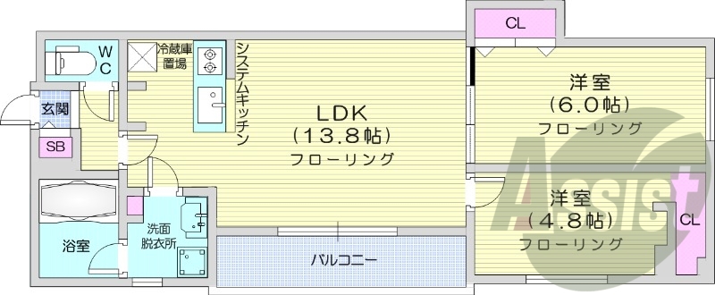 2LDK、エアコン、システムキッチン、オートロック
