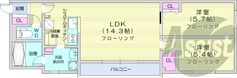 2LDK、エアコン、システムキッチン、オートロック