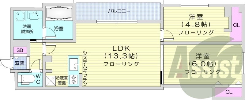 2LDK、エアコン、システムキッチン、オートロック
