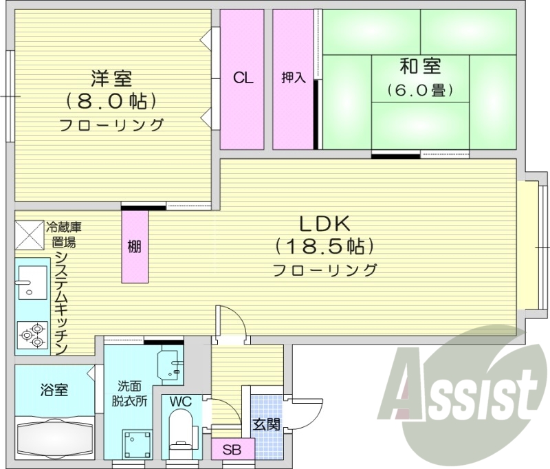2LDK、システムキッチン、灯油ボイラー、灯油暖房