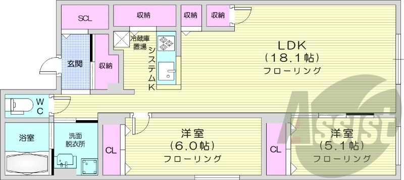 2LDK、エアコン、浴室乾燥機、システムキッチン