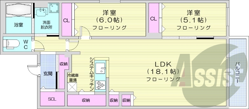 2LDK、エアコン、浴室乾燥機、システムキッチン