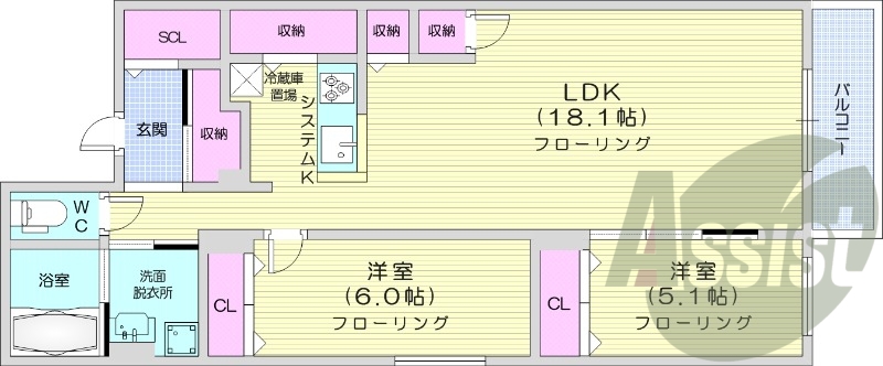2LDK、エアコン、浴室乾燥機、システムキッチン