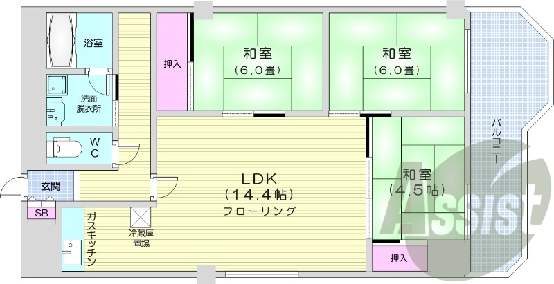 3LDK、都市ガス、エアコン、シャンプードレッサー