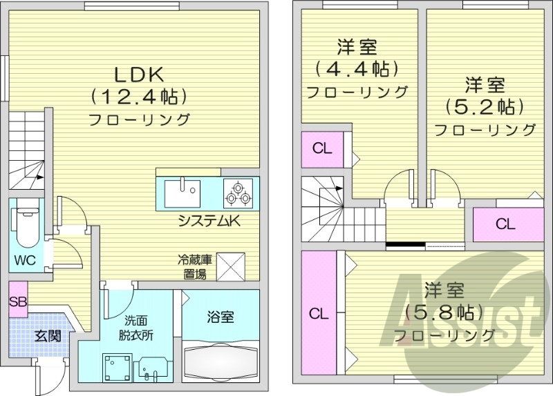 3LDK、エアコン、追い焚き、システムキッチン
