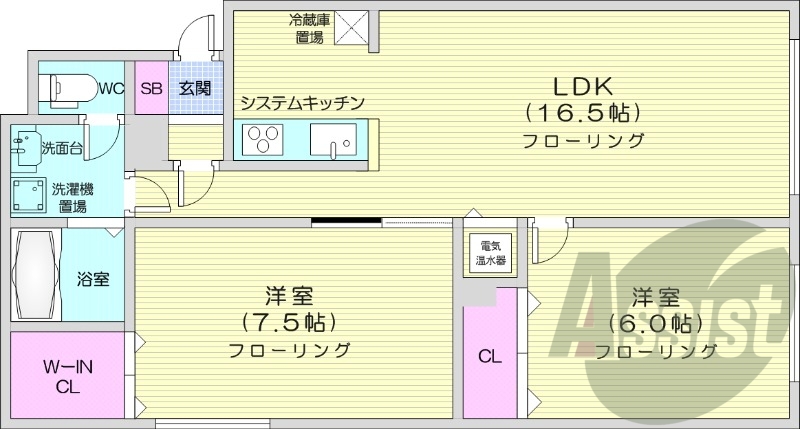 2LDK、独立洗面台、オール電化、バス・トイレ別