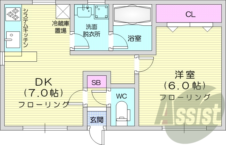 1DK、バス・トイレ別、ウォシュレット、システムキッチン