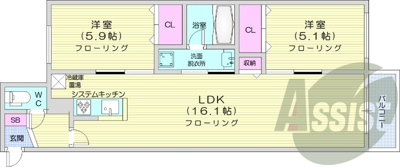 2LDK、都市ガス、エアコン、独立洗面台
