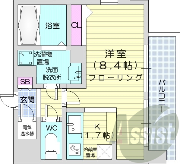 1K、バストイレ別、バルコニー、クローゼット、オール電化