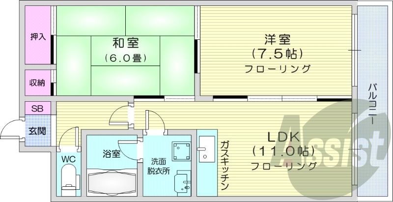 2LDK、エアコン、独立洗面台、ガスキッチン