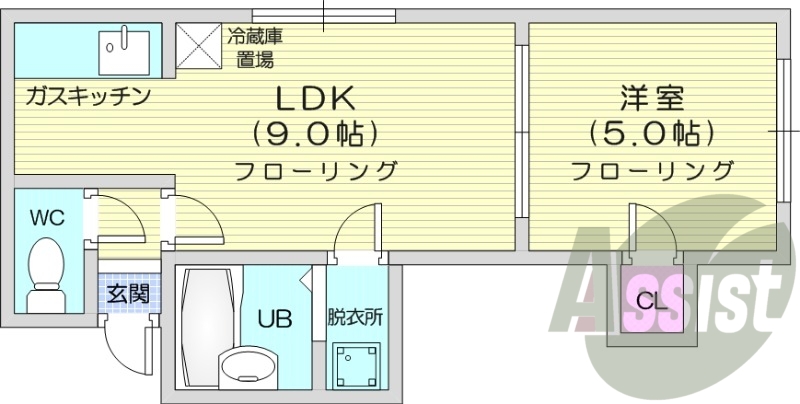 1LDK、バストイレ別、灯油暖房、クローゼット