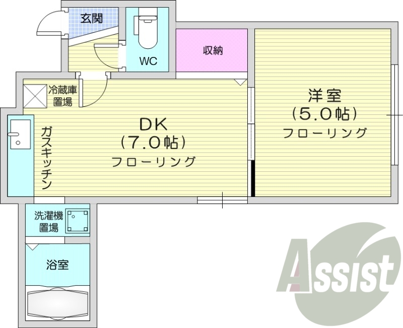 1DK、灯油暖房、独立洗面台、ガスキッチン