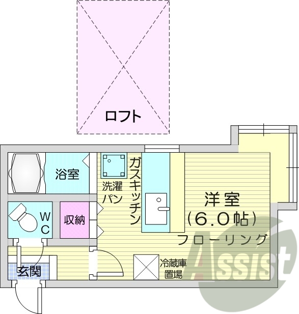 1R、ロフト、バス・トイレ別、都市ガス、カウンターテーブル