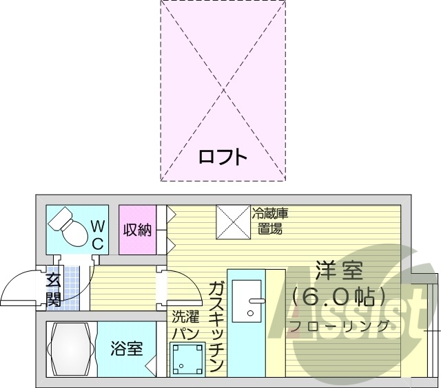 1R、ロフト、バス・トイレ別、都市ガス、カウンターテーブル