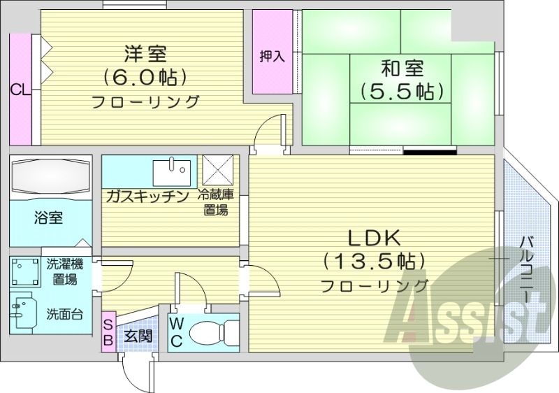 2LDK、押入、クローゼット、南向きバルコニー、灯油暖房