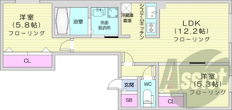 2LDＫ、エアコン、都市ガス、浴室乾燥機