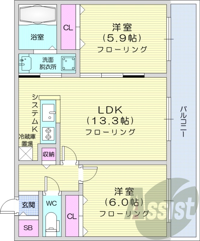 2LDＫ、エアコン、都市ガス、浴室乾燥機