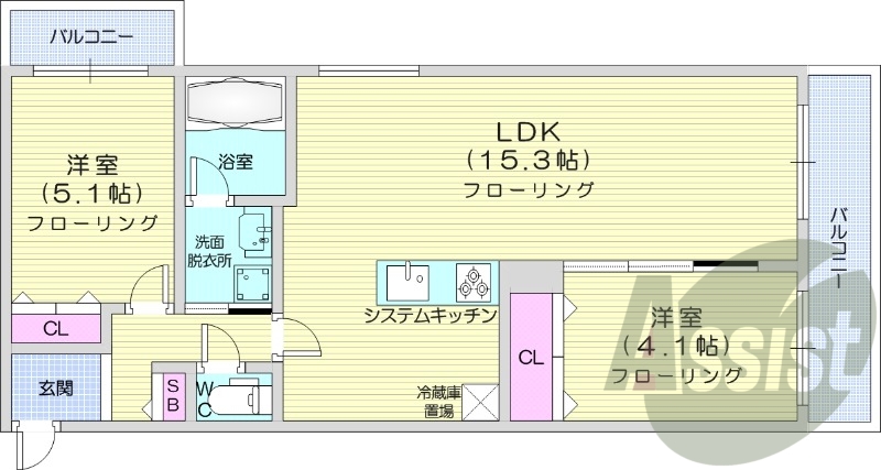 2LDK、都市ガス、エアコン、浴室乾燥機、追い焚き