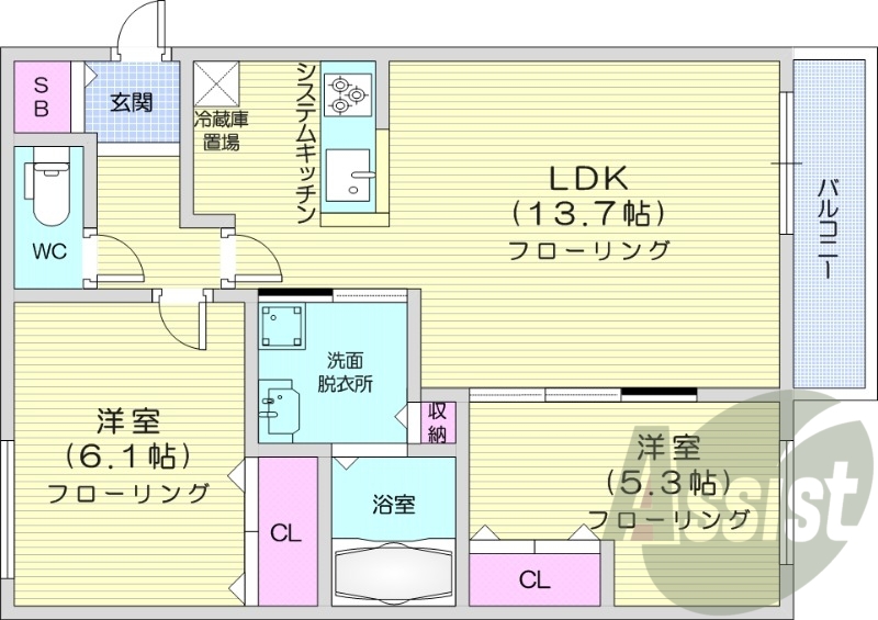 2LDＫ、エアコン、都市ガス、浴室乾燥機