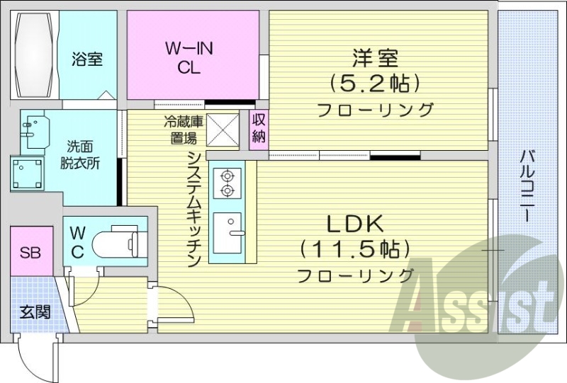 1LDK、都市ガス、エアコン、システムキッチン