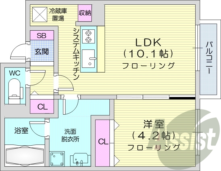 1LDK、都市ガス、エアコン、システムキッチン