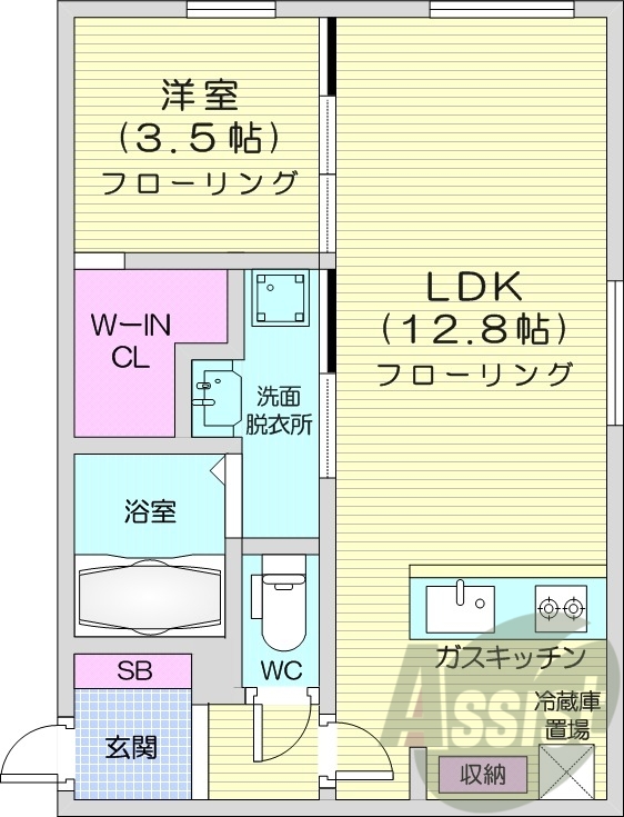 1LDK、都市ガス、エアコン、システムキッチン