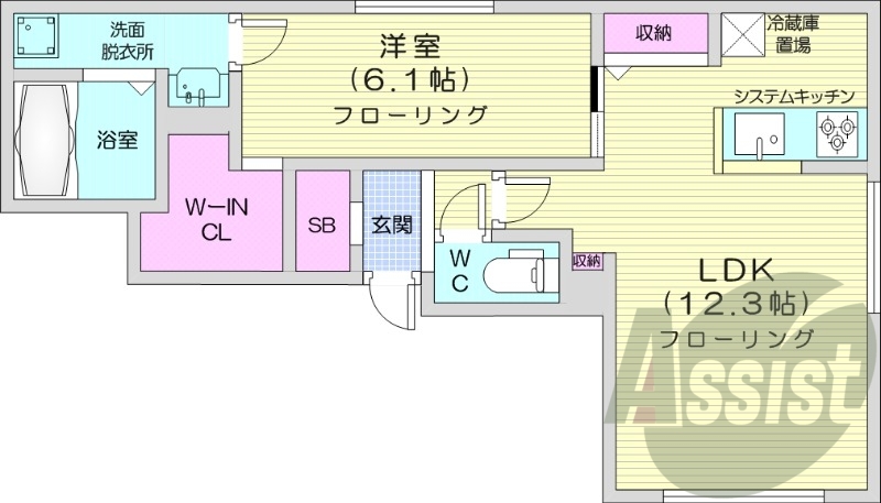 1LDK、都市ガス、エアコン、システムキッチン