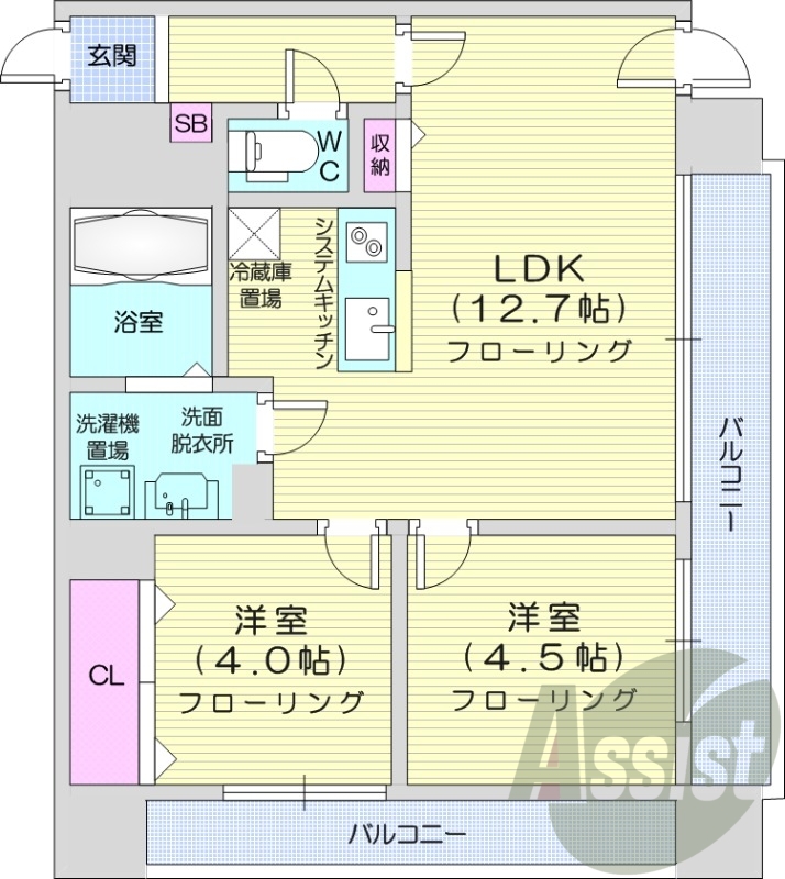 2LDK、システムキッチン、ウォシュレット