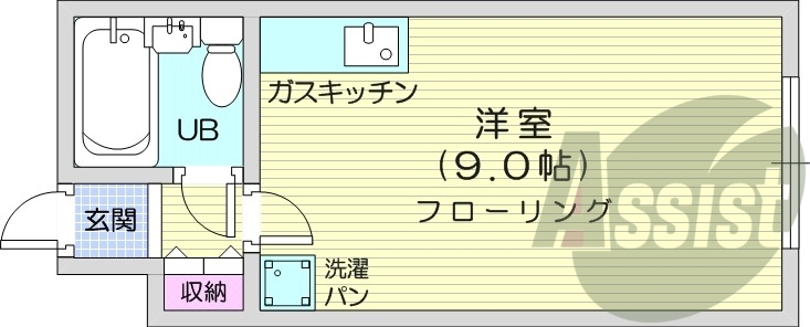 1R、都市ガス、オートロック、室内洗濯機置き場、収納