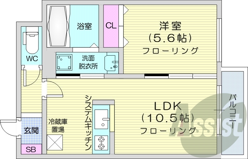 1LDK、都市ガス、システムキッチン、エアコン