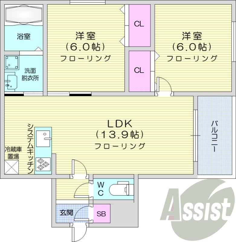 2LDK、エアコン、システムキッチン、追い焚き