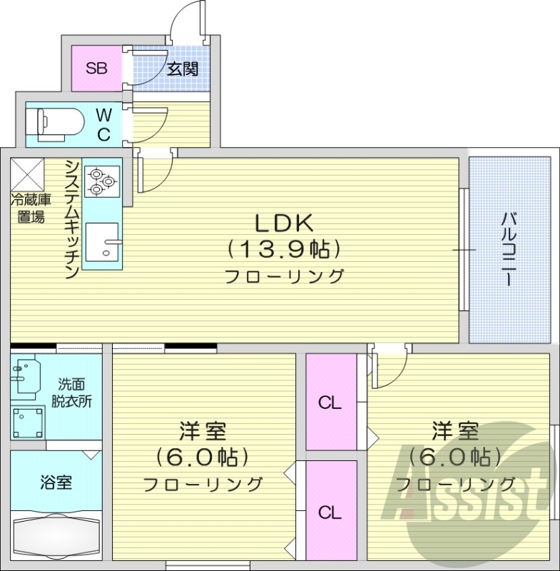 2LDK、エアコン、システムキッチン、追い焚き