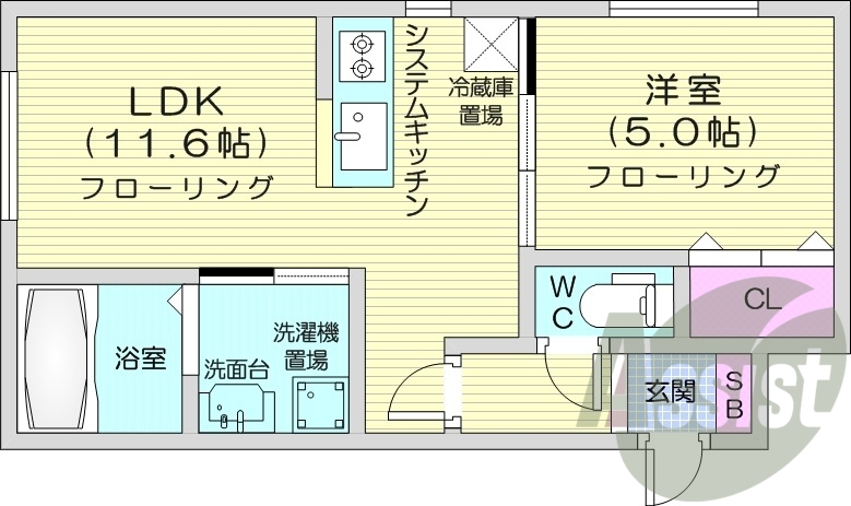 1LDK、ペット相談、エレベータ、都市ガス、システムキッチン