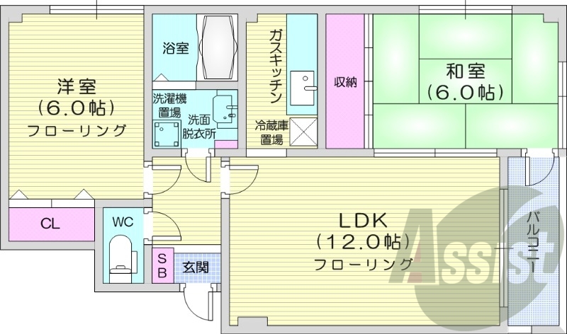 2LDK、トランクルーム、灯油暖房、バルコニー