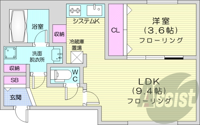1LDK、システムキッチン、エアコン、ネット無料