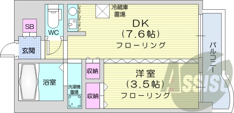 1DK、洗面脱衣所、押入、クローゼット、システムキッチン
