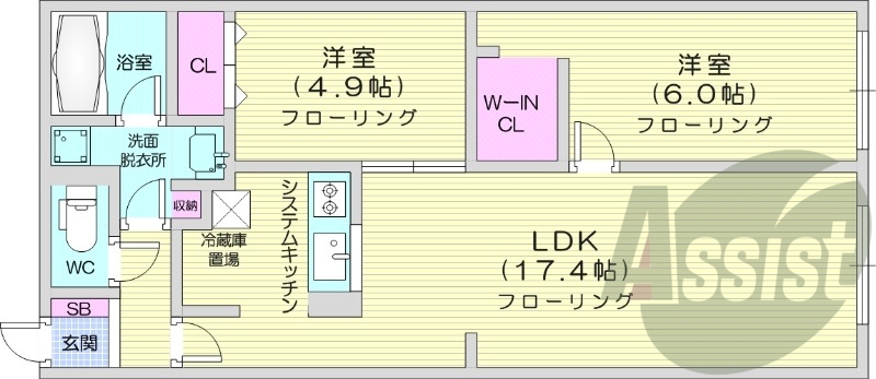 2LDK、都市ガス、浴室乾燥機、システムキッチン