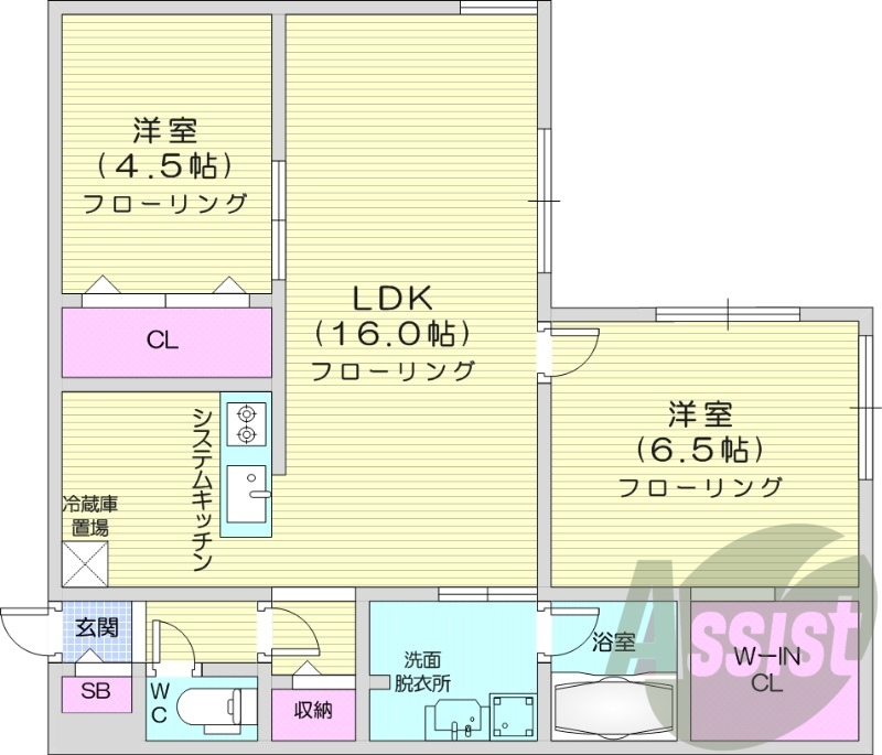 2LDK、都市ガス、浴室乾燥機、システムキッチン