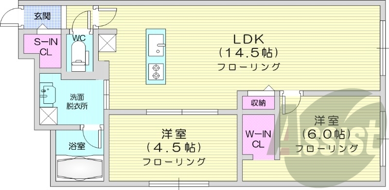 2LDK、都市ガス、浴室乾燥機、システムキッチン