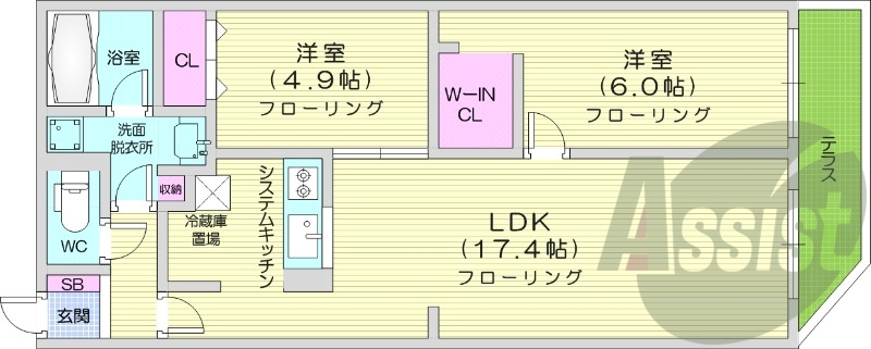 2LDK、都市ガス、浴室乾燥機、システムキッチン