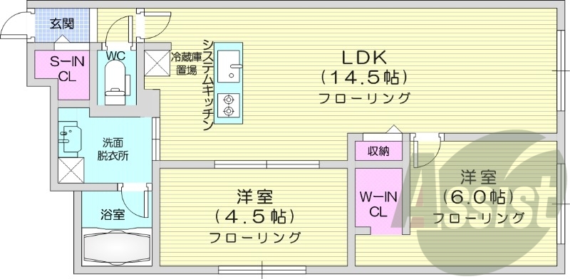 2LDK、都市ガス、浴室乾燥機、システムキッチン