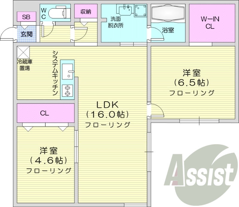 2LDK、都市ガス、浴室乾燥機、システムキッチン