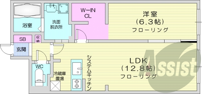 1LDK、都市ガス、浴室乾燥機、システムキッチン