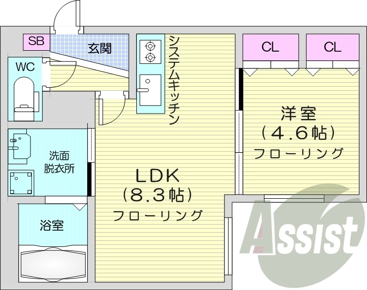 1LDK、エアコン、浴室乾燥機、システムキッチン