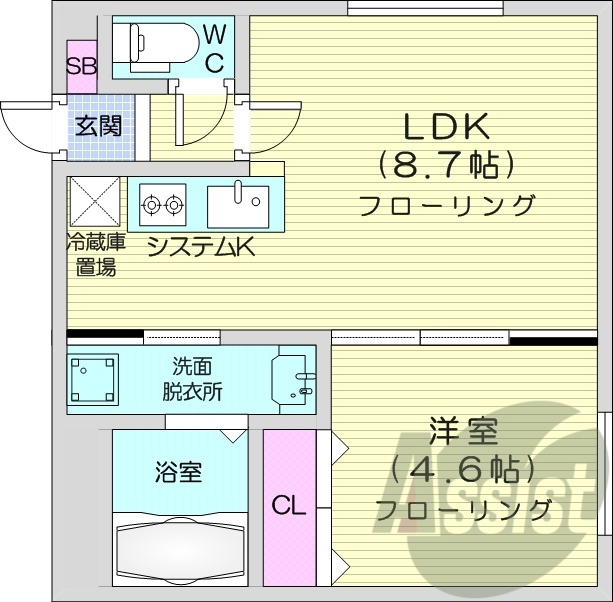 1LDK、エアコン、浴室乾燥機、システムキッチン