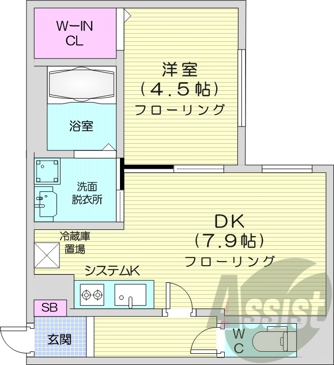 1LDK、エアコン、浴室乾燥機、システムキッチン
