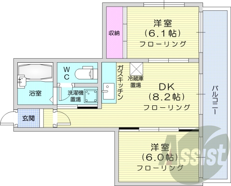2DK、シャワートイレ、ガス暖房、ネット使用料不要