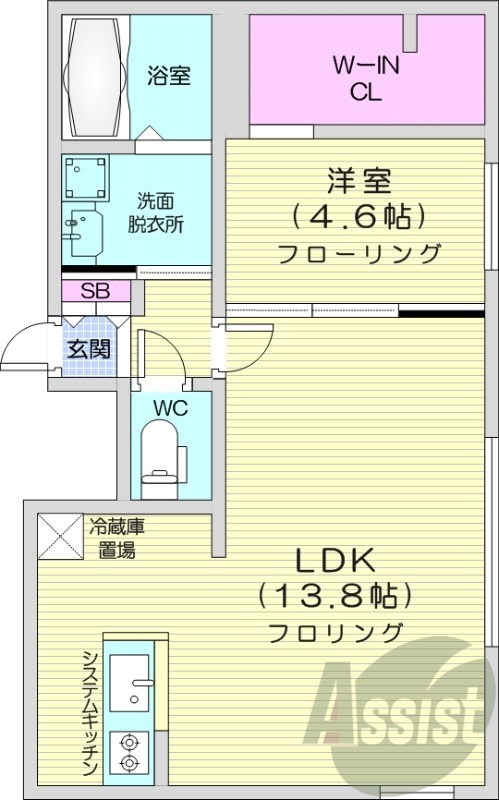 1LDK、エアコン、都市ガス、システムキッチン