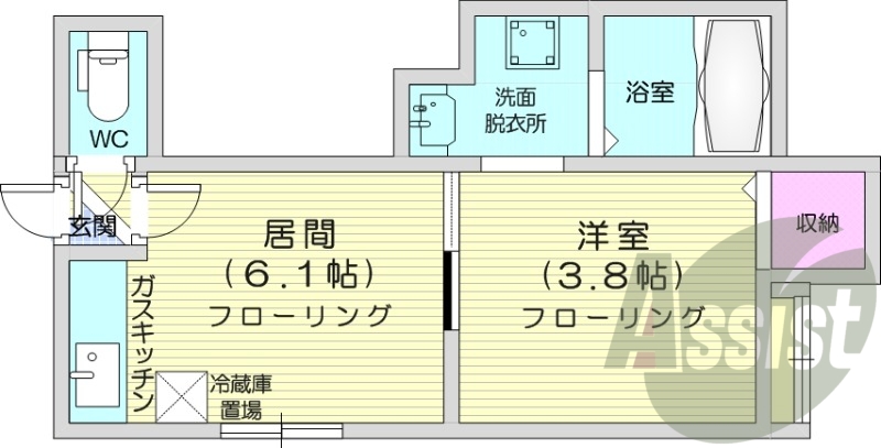1DK、ガスキッチン、灯油暖房、独立洗面台、