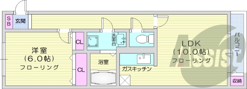 1LDK、灯油暖房、バルコニー、洗面化粧台